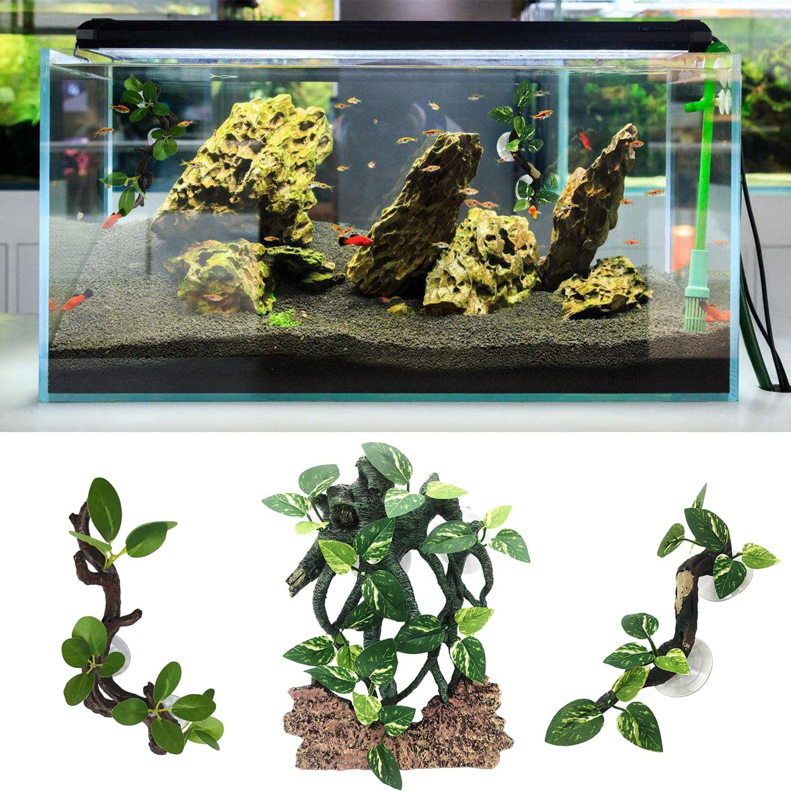 LOXGO Reptiles Decoration Terrarium Plant Corner Climbing Branch Suction Cup Aquariums Artificial Tree Plant for Snake Bearded Climbing Tree Decor