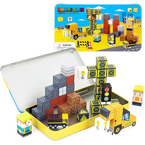 45PCS Magnetic Blocks Travel Toys for Kids with Portable Iron Box, Mini Magnetic Cubes Toys for Airplane & Car Ride STEM Learning Gift Idea for Ages 3+（ Engineering Vehicle Theme）