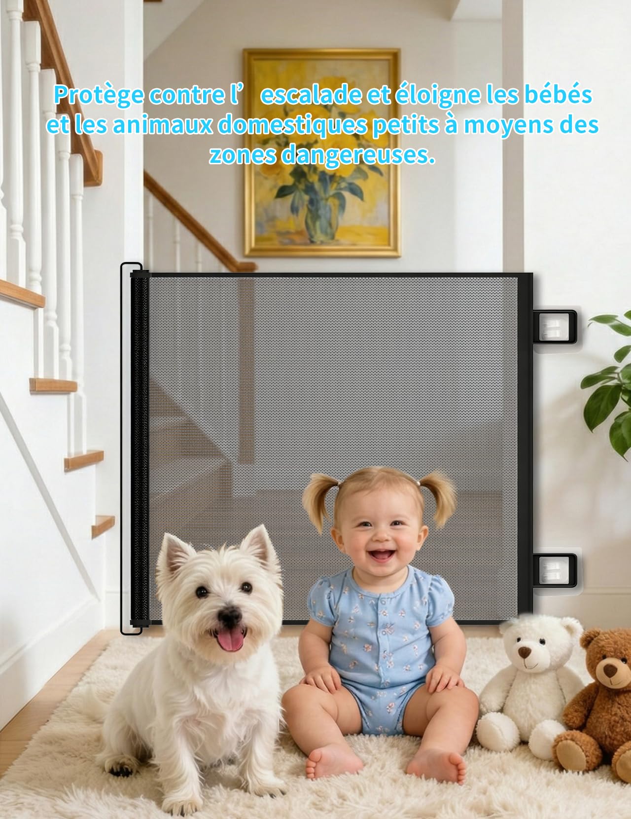 Barrière de Sécurité Rétractable Escalier pour Bébés Enfant et Chiens 0-150cm de Large, 78cm de Haut Barriere Escalier Enroulable pour Les Escaliers/Portes/Couloirs（Noir）