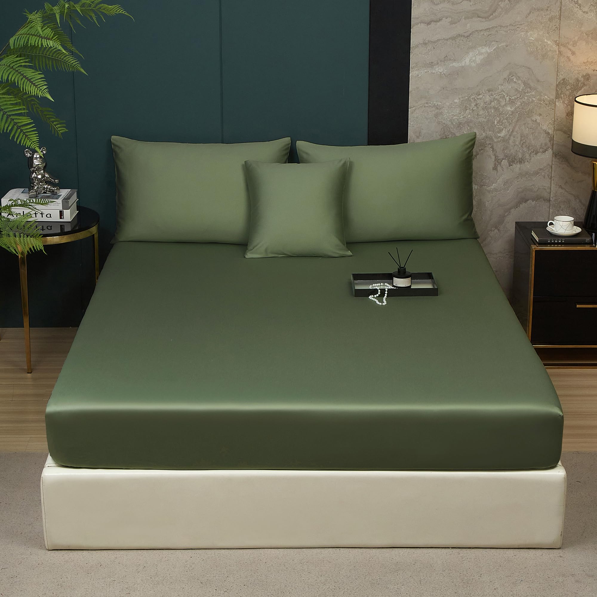Luofanfei Mako Satin Baumwolle Spannbettlaken 120x200 Olivgrün Grün Boxspringbett Frottee Topper Weich Uni Kühlend Glatt Muster Atmungsaktiv Bettlaken für Hohe Matratze bis 25-30 cm