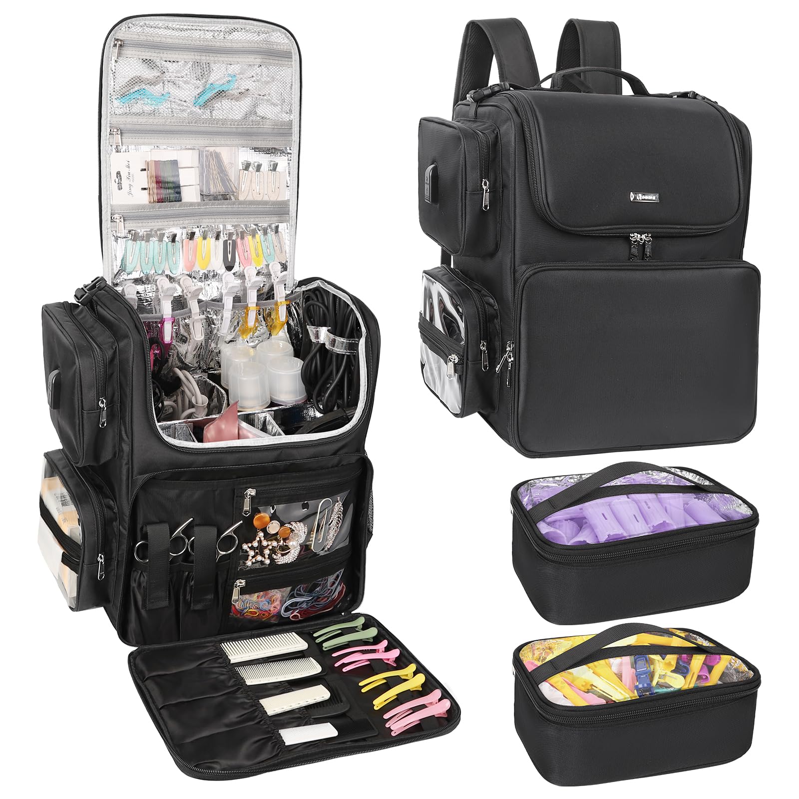 Relavel Hair Tools Borsa da parrucchiere, borsa per il trucco, isolamento termico, ferro arricciacapelli, accessori da viaggio, borsa da parrucchiere, borsa per cosmetici, zaino nero