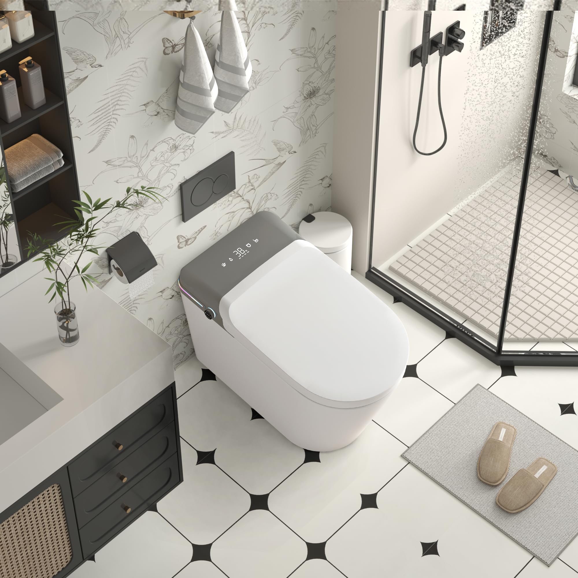 Smart Bidet Toilet with Remote Control Raised Tankless Toilet with LED Display Auto Open AutoHeated Seat Toilet Bidet