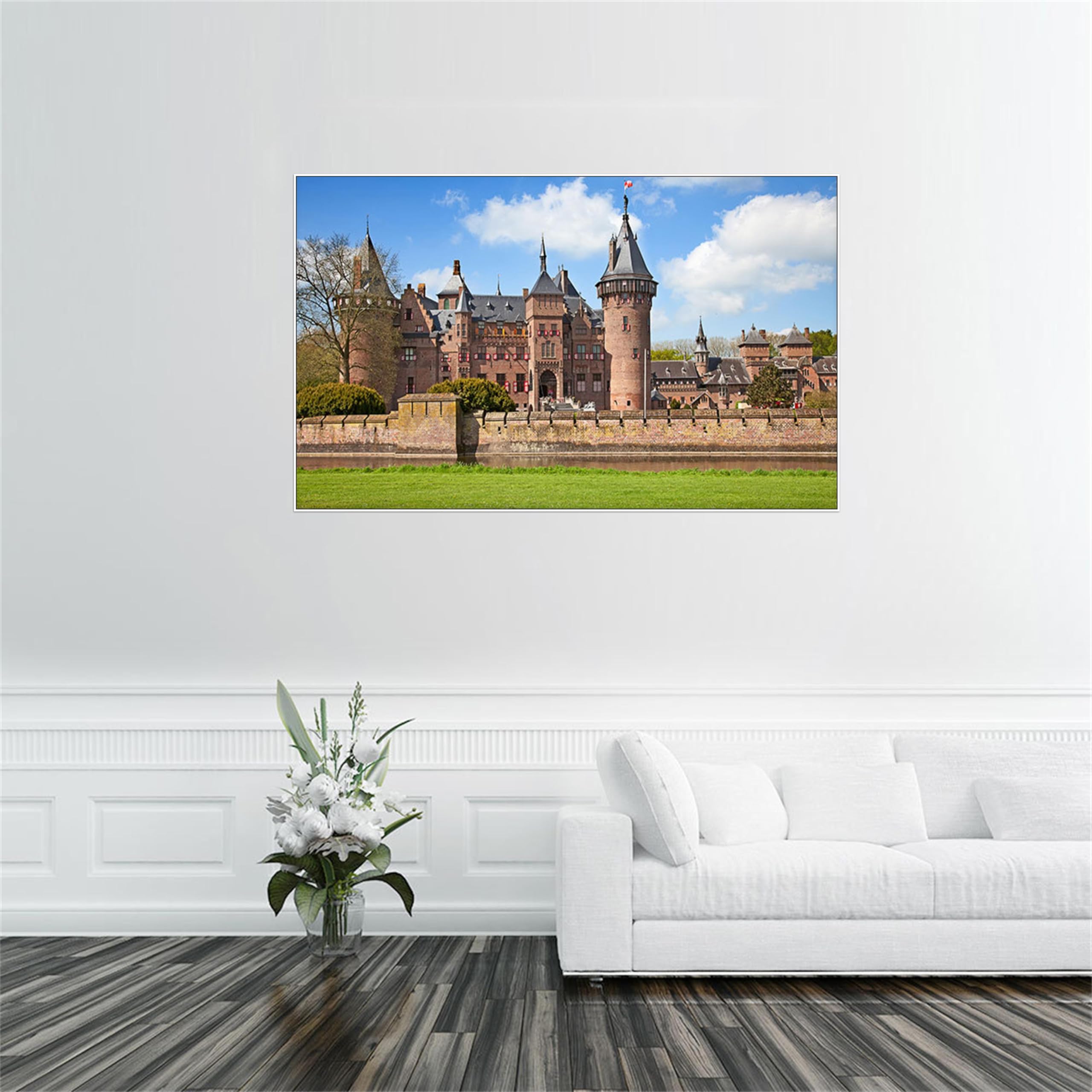 Stadt Leinwandbild Landschaftsbilder-Panorama Bild auf Leinwand-Stadt Gebäude Schloss-Weiß Rahmen Wandbilder für Wohnzimmer 30x50cm-12x19in