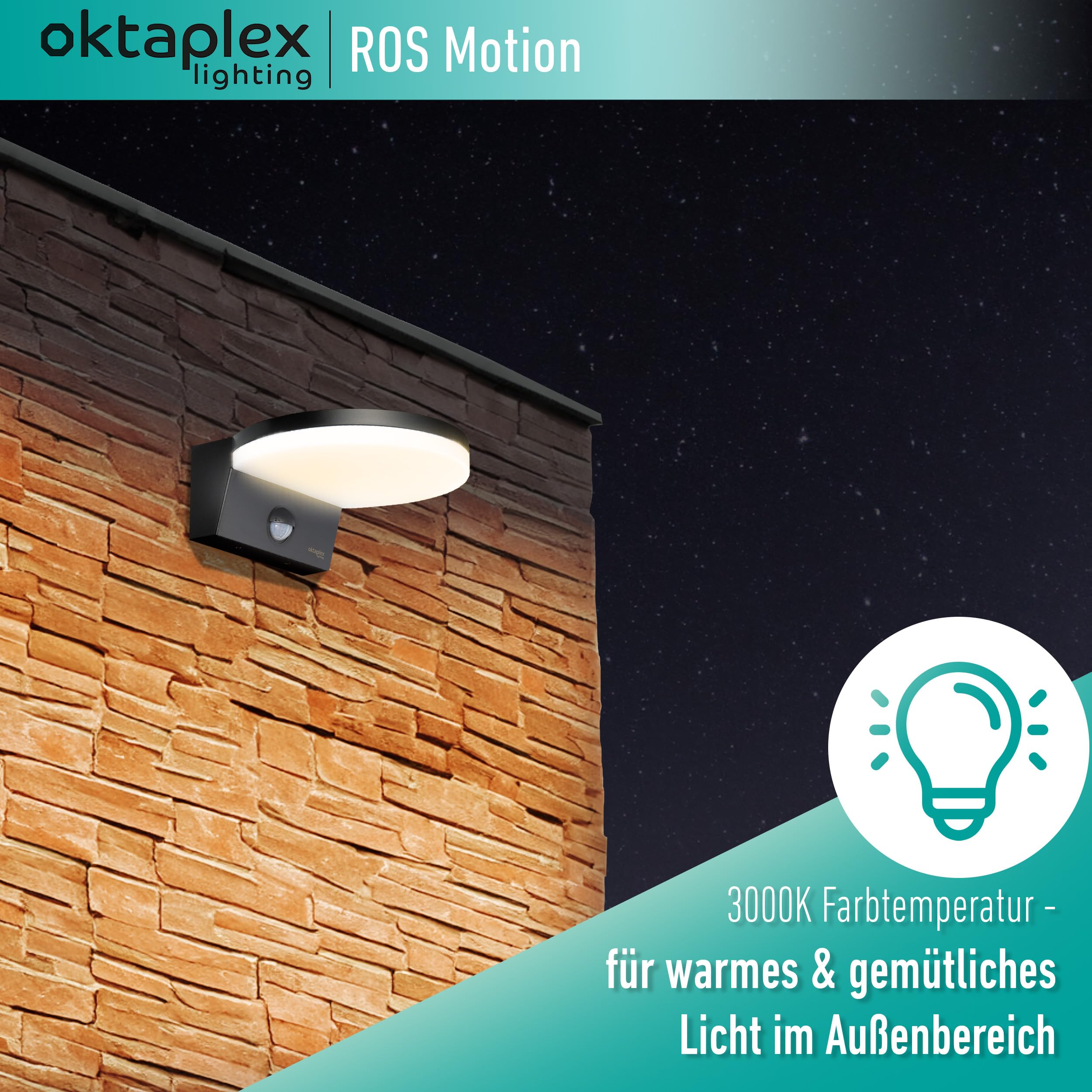 Oktaplex Lighting Ros lampa zewnętrzna z czujnikiem ruchu IP65, 3000 K ciepła biel, lampa LED, 1300 lumenów, 14,6 W, 230 V, lampa ścienna antracytowa