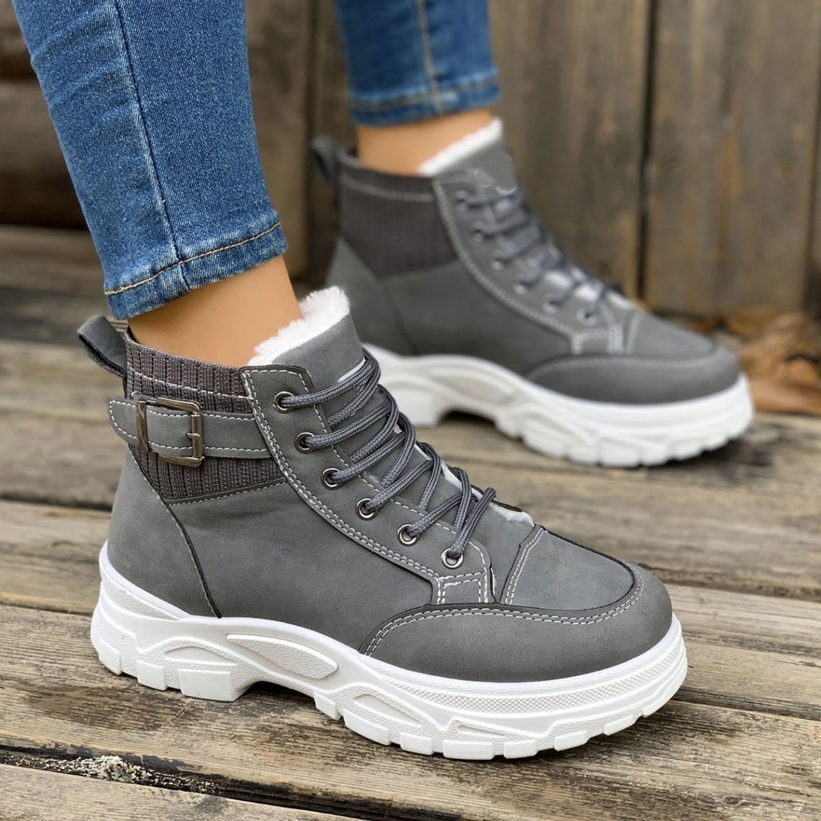 Męskie zimowe trampki z wysoką cholewką, ciepłe, z podszewką z futra, na co dzień, sznurowane buty do codziennego chodzenia i streetwear, szary, 38 EU