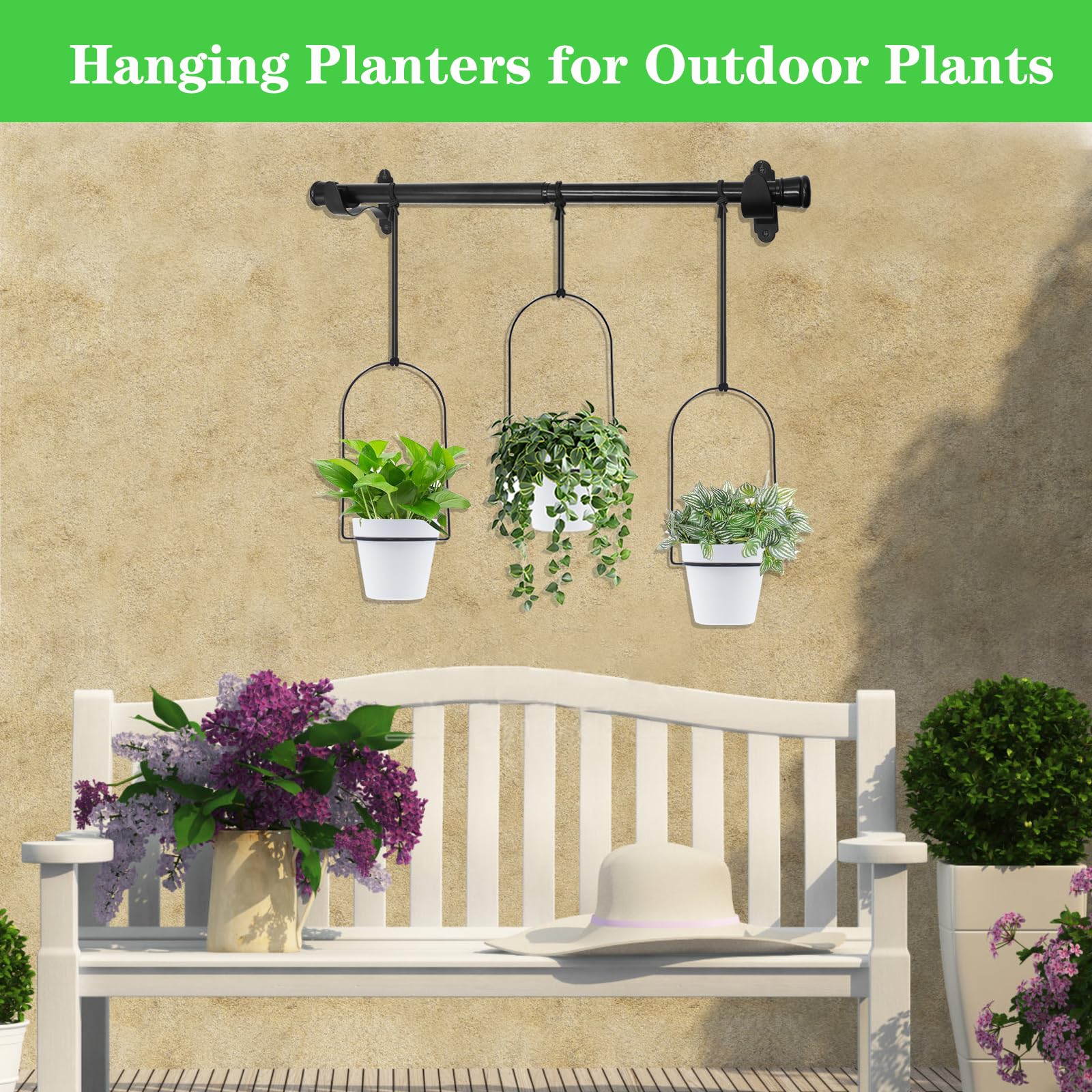 Jardinière suspendue pour plantes d'intérieur, pot de fleurs mural réglable à suspendre pour jardin, étagères de plantes, tige en métal avec pots (noir)