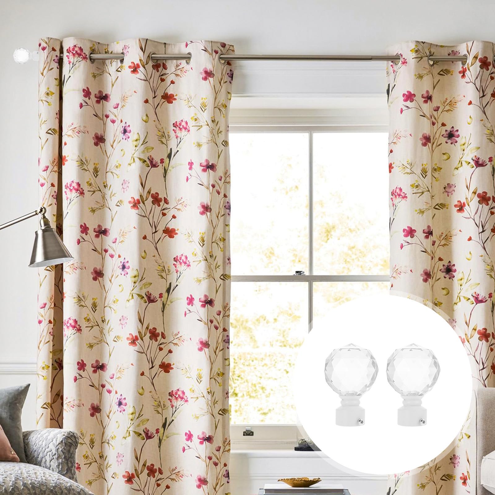 Tofficu Embouts de Tringle à Rideaux Tête Décorative Élégante 2pcs en Fer et Cristal Blanc pour Décoration de Fenêtre, Accessoire pour Chambre et Salon