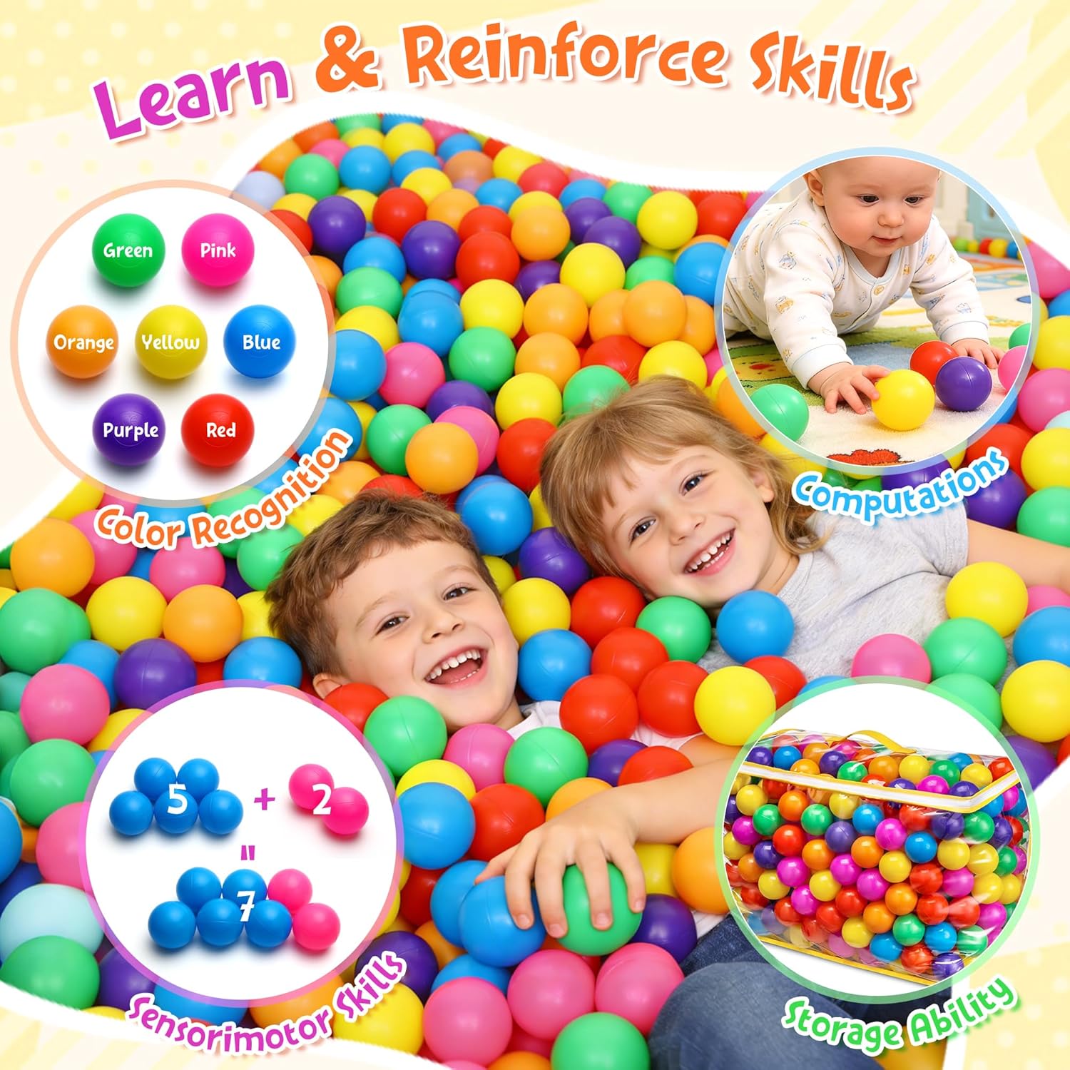 Ball Pit Balls Phthalate Free BPA Free Crush Proof Plastic - 7 Bright Colors in Reusable Play Toys for Kids with Storage Bag - Image 5