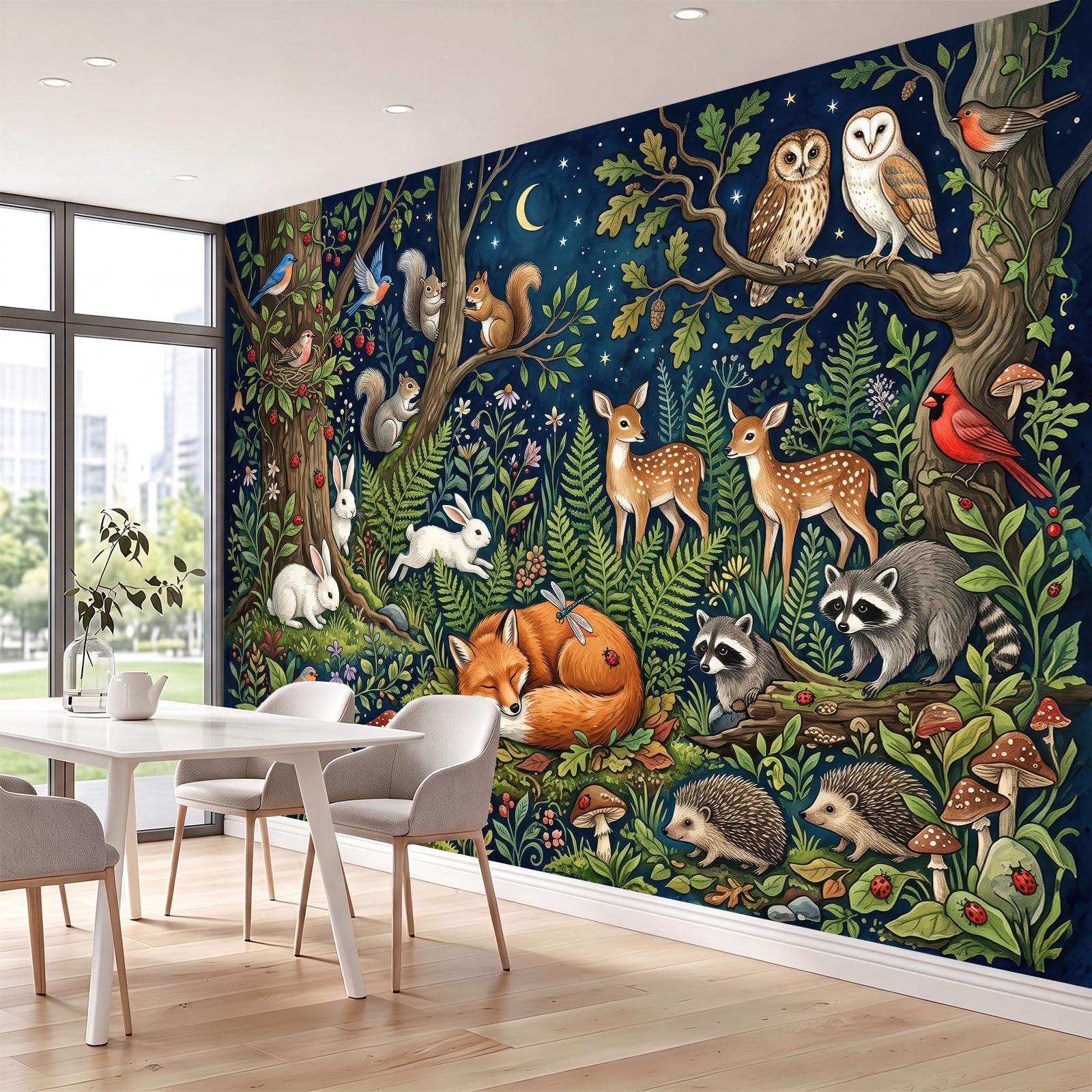 Tapeta z włókniny 3D bajkowy lis i zielone liście, roślina zwierzęca panoramiczna tapeta do salonu dekoracja ścienna do sypialni dziecięcej 250 x 175 cm