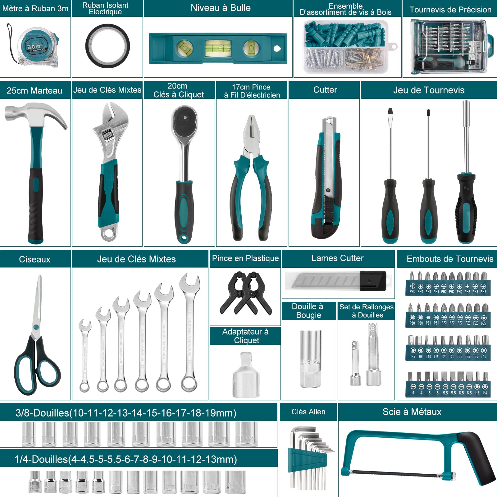 Mallette à Outils 257 Pièces Caisse à Outil Complete - Sundpey Boite a Outils Portable Marteau Pinces Tournevis Clé Douille Ruban Mesurer Kits d'Outils Réparation Combiné