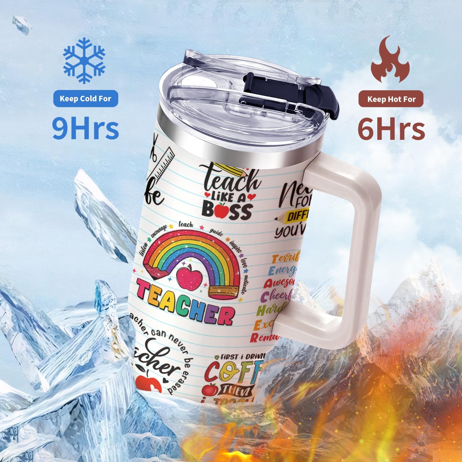 40oz Kindergarten Teacher Cup Tumbler with Handle, Kindergarten Teachers Gifts for Women, Apple Rainbow Tumbler, Back to School Gifts for Teachers for Birthday Thank You Gift - Image 6