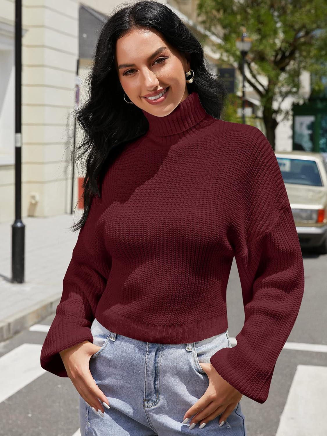ZAFUL Women's Crew Neck Long Sleeve Pullover Crop Sweater Mock Neck Lantern Sleeve Ribbed Knit Cropped Sweater - Image 2