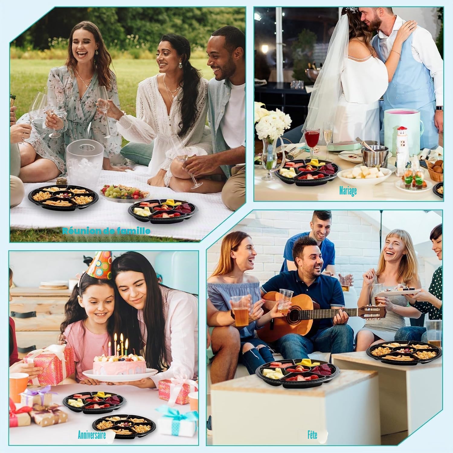 Lot de 30 plateaux à hors-d'œuvre avec couvercle, avec 6 compartiments séparés, plateaux robustes pour légumes, fruits, collations, plateau de service rond pour entrées, buffets de fête, noirs