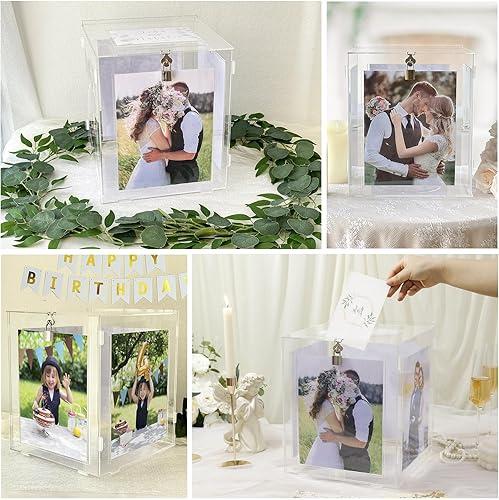 Miniatura 7 de OurWarm Caja de tarjetas de boda de acrílico con marco de fotos para fotos de 8 x 10 pulgadas, soporte grande giratorio para caja de regalo con