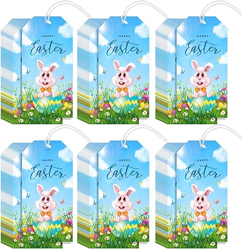 Outus 60 etiquetas de regalo de Pascua con cuerda, etiquetas de conejo azul, etiquetas colgantes para festival de huevos de primavera, etiquetas de