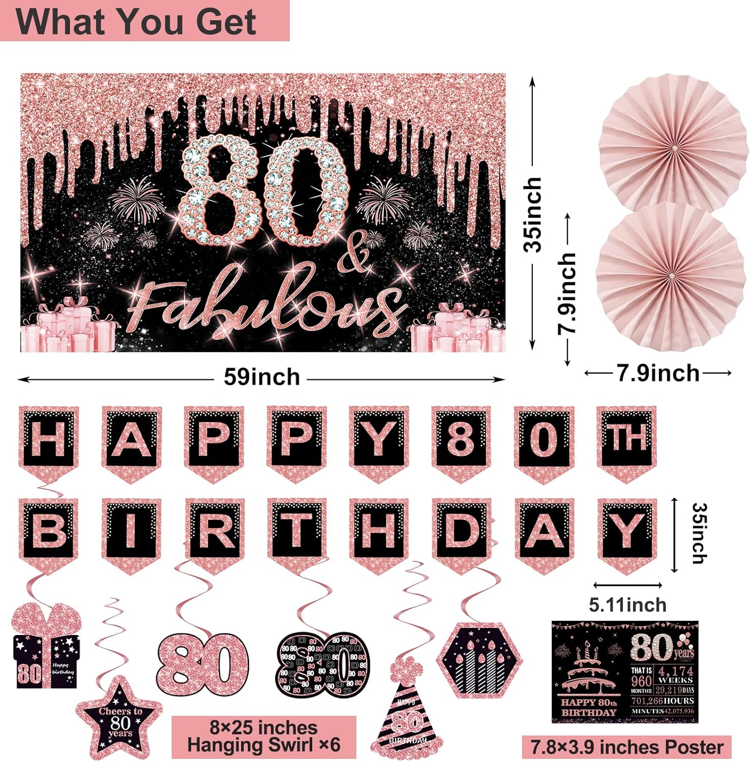 80th Birthday Decorations for Women,32PCS 80th Birthday Party Decorations,Including Backdrop, Crown, Sash, banner, Hanging Swirl,Cake Topper,balloons,Paper Fans,Anniversary Card and paper fans