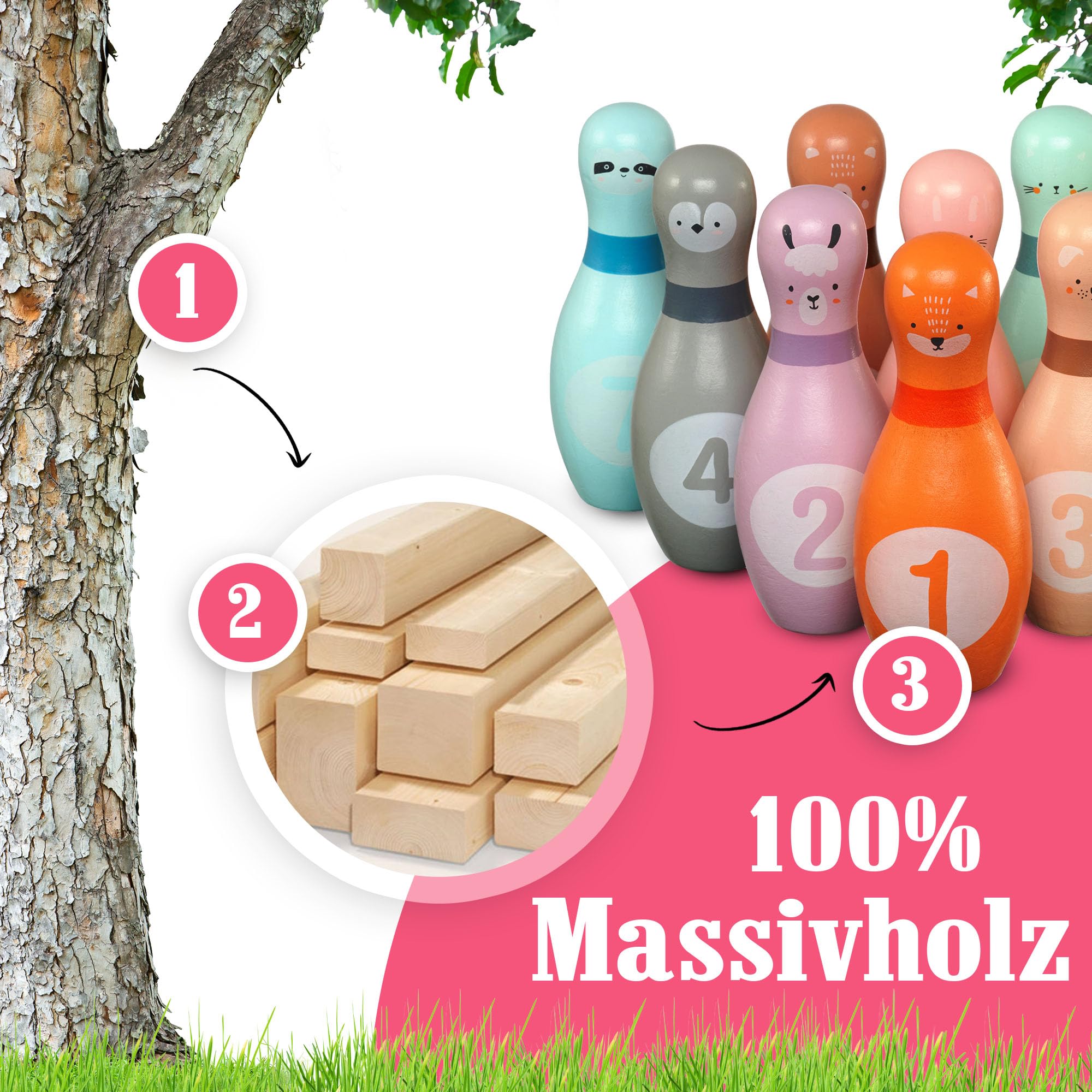 Pink Papaya Kegelspiel für Kinder | 12 teiliges Bowling Set | Spielzeug aus Holz | Outdoor & Indoor Spielzeug | schult & fördert Ihr Kind