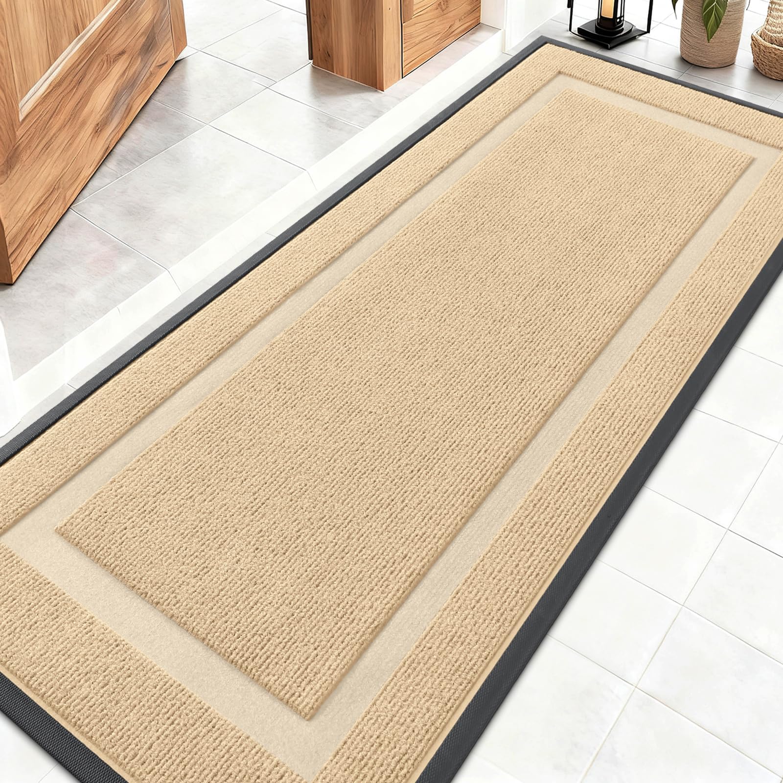 OLANLY Front Door Mat Indoor Outdoor Entrance, Waterproof All-Season, All-Weather Doormat, Sturdy Natural Rubber, Fade Resistant, Low Profile, Easy Clean Patio Porch Entryway Mat, 59x20, Beige
