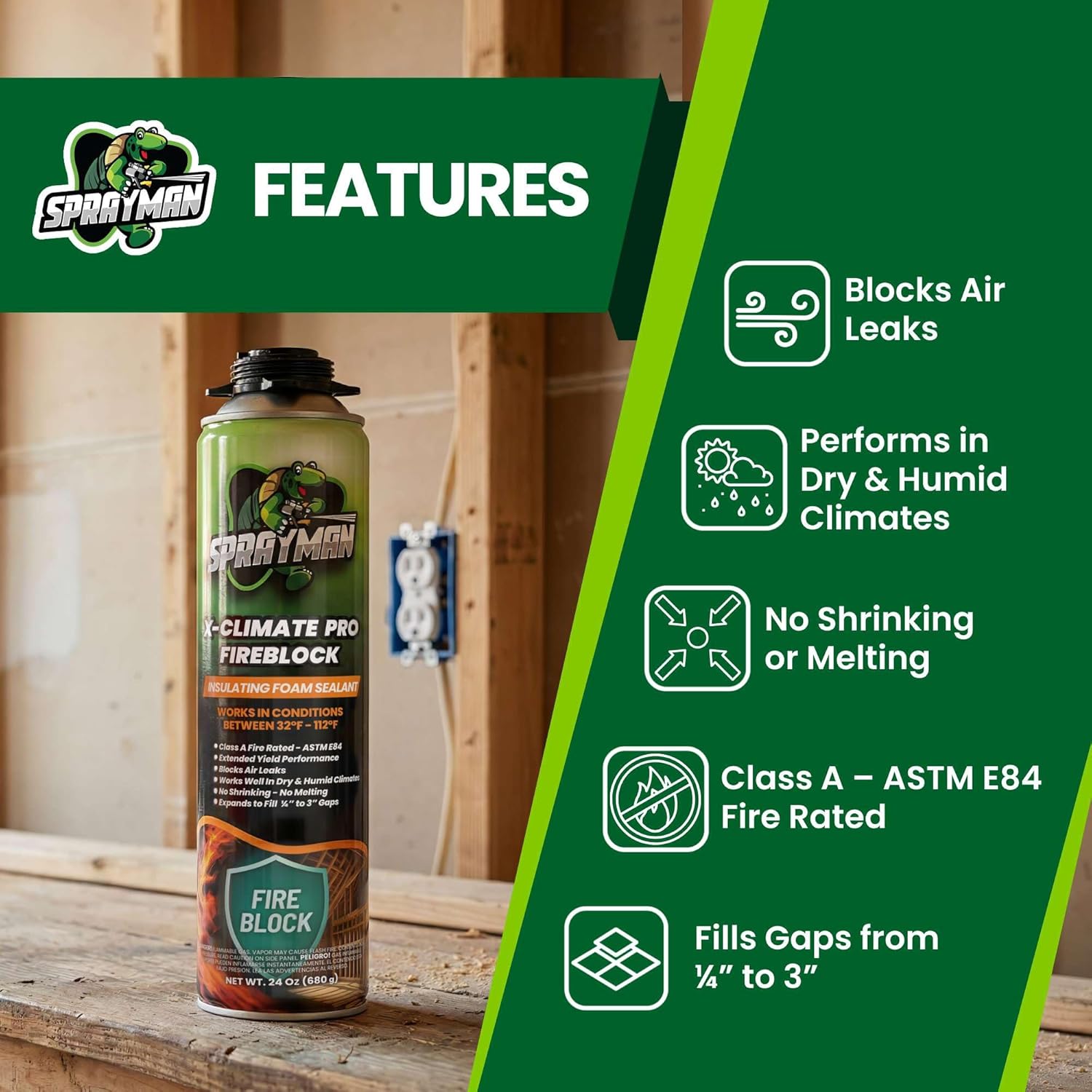 Sprayman X-Climate Pro Fire Block Expanding Foam Sealant (2x24oz), Professional Polyurethane Insulating Foam with Fire Block Technology, High Heat Resistant and Waterproof, Gun Included – 2 Pack