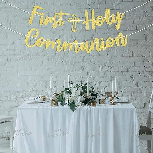 Miniatura 6 de Hemicha - Cartel de la primera comunión dorada con purpurina para la primera comunión de niños, bautismo, primer cumpleaños del bebé