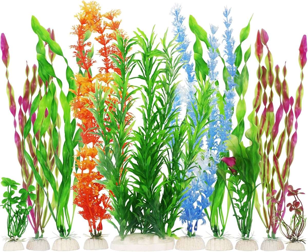 MyLifeUNIT Plantas artificiales para peceras, paquete de 10 decoraciones de plantas de acuario de plástico