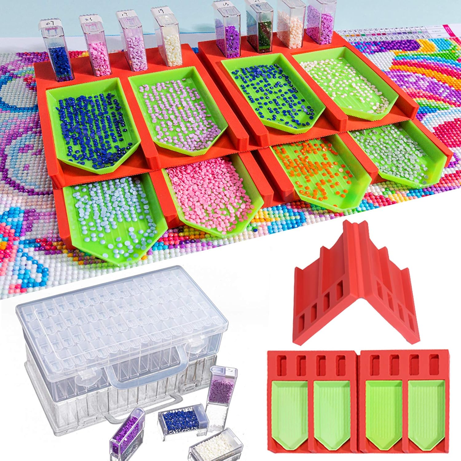 Diamond Painting Tools Accessories Kits with 2 Pack Foldable Tray Organizers and 64 Slots Diamond Art Beads Storage Containers for Adults Multi-Boat Holder for Tray Easy to Use