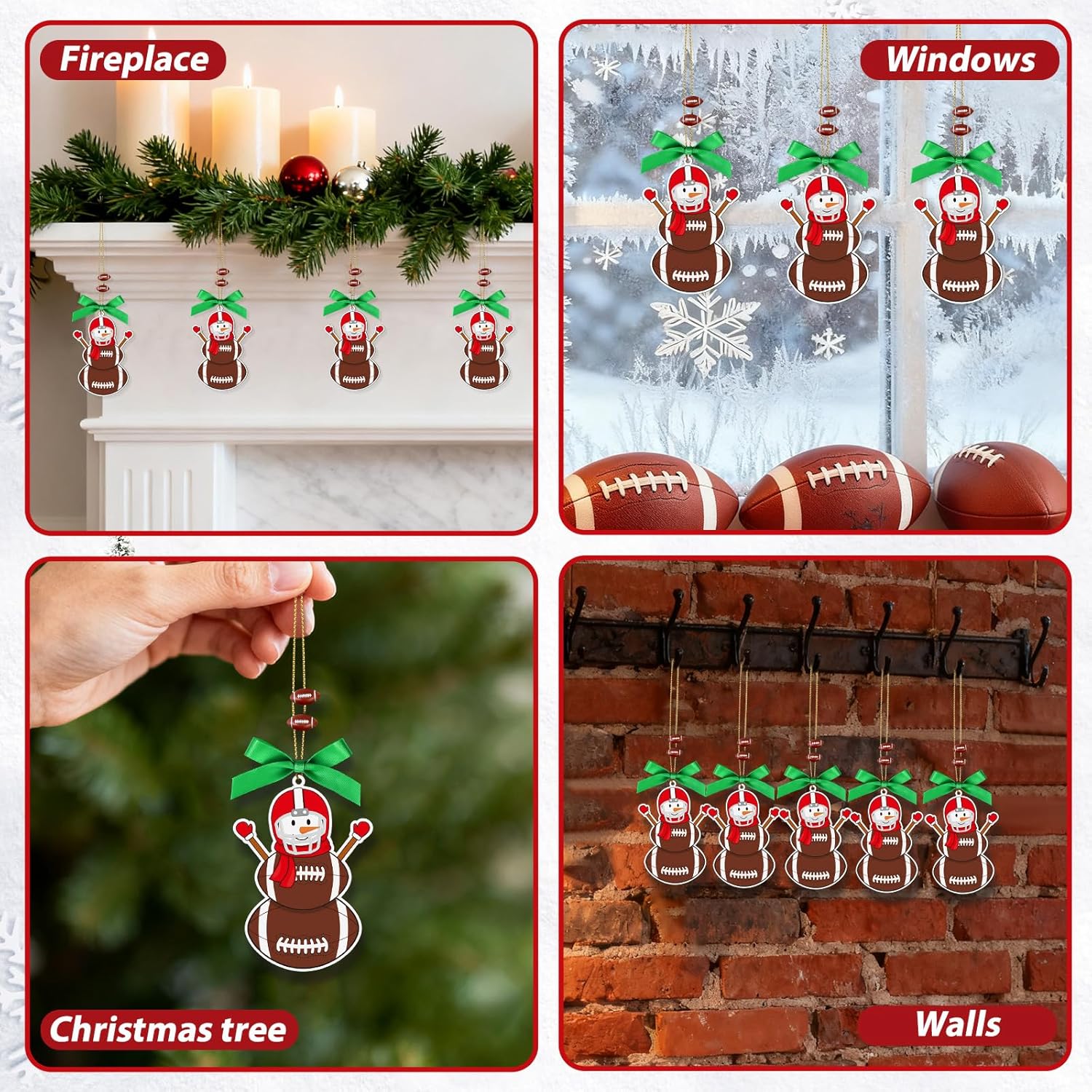 4.3 Inches Snowman Football Christmas Ornament, Wooden Football Snowman Tree Ornament Hanging Decoration for Rearview Mirror, Window, Eaves, Fireplace and Home Holiday Party Decor - Image 4