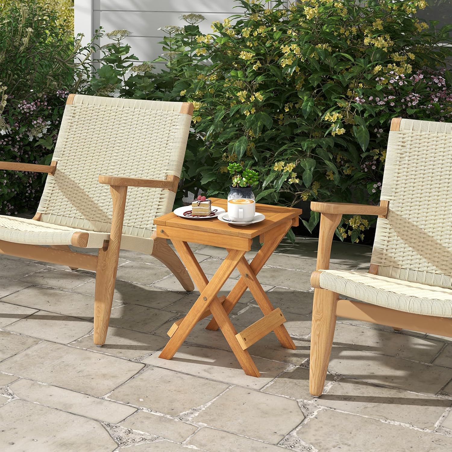 HAPPYGRILL Outdoor Folding Side Table Wood Square End Table with X-Shaped Legs, Slatted Tabletop, 14” Compact Outside Table, Portable & Lightweight Patio Coffee Table for Backyard Picnic Camping