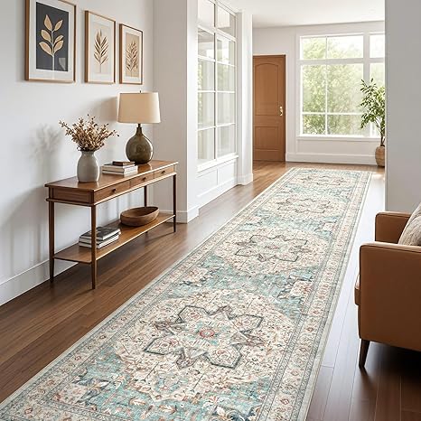 Tortania Area Rug 3x16 Runner Rugs - Washable Vintage Oriental Farmhouse Thin Indoor Carpet for Living Room Bedroom Hallway Entryway Kitchen Under Dining Table Home Office - Aqua Multi