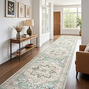 Tortania Area Rug 3x16 Runner Rugs - Washable Vintage Oriental Farmhouse Thin Indoor Carpet for Living Room Bedroom Hallway Entryway Kitchen Under Dining Table Home Office - Aqua Multi