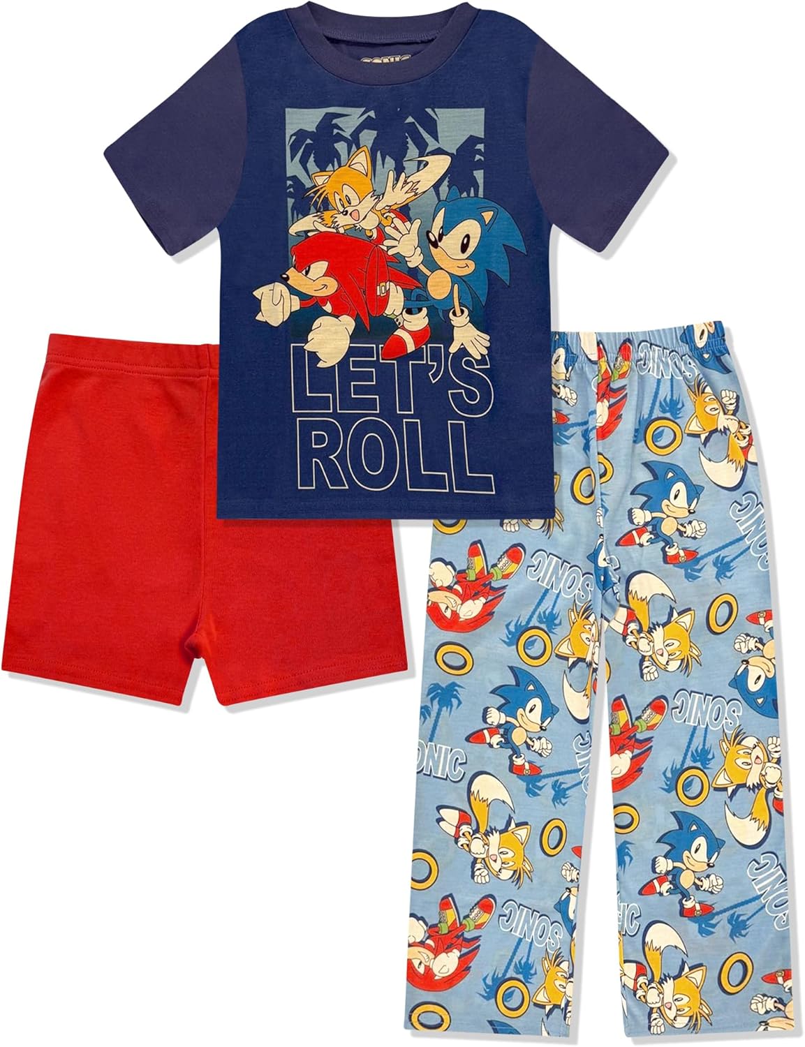 Sonic The Hedgehog Boys Pajama Set - 3 Piece Pants, T-Shirt & Shorts - Sleepwear PJ Set for Kids, Toddler Boys Pajamas