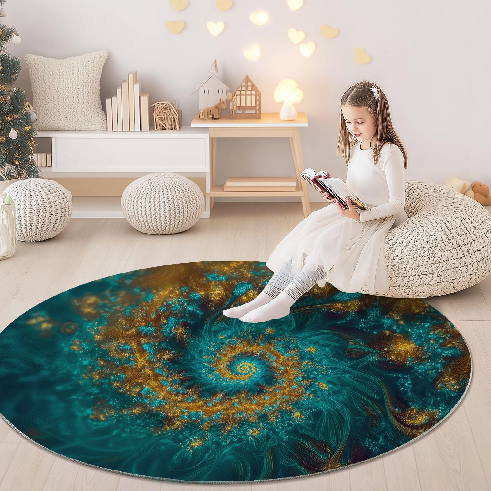 Tappeto Rotondo con vortici psichedelici, Tappeto Grande per Soggiorno, Lavabile e Antiscivolo, Diametro 120 cm, Turchese, Tappetino Decorativo per Camera da Letto, tappeti per la
