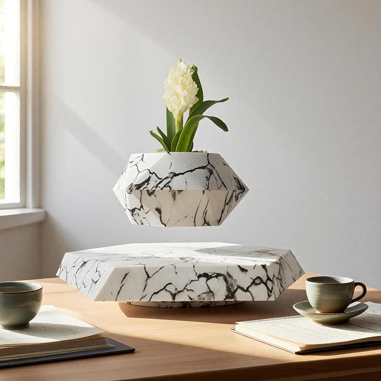 Marble Nursery Pot - Floating Planter for Succulents, Indoor Decor, 360° Sunlight Exposure (9.45 x 9.85 x 7.09 inches)