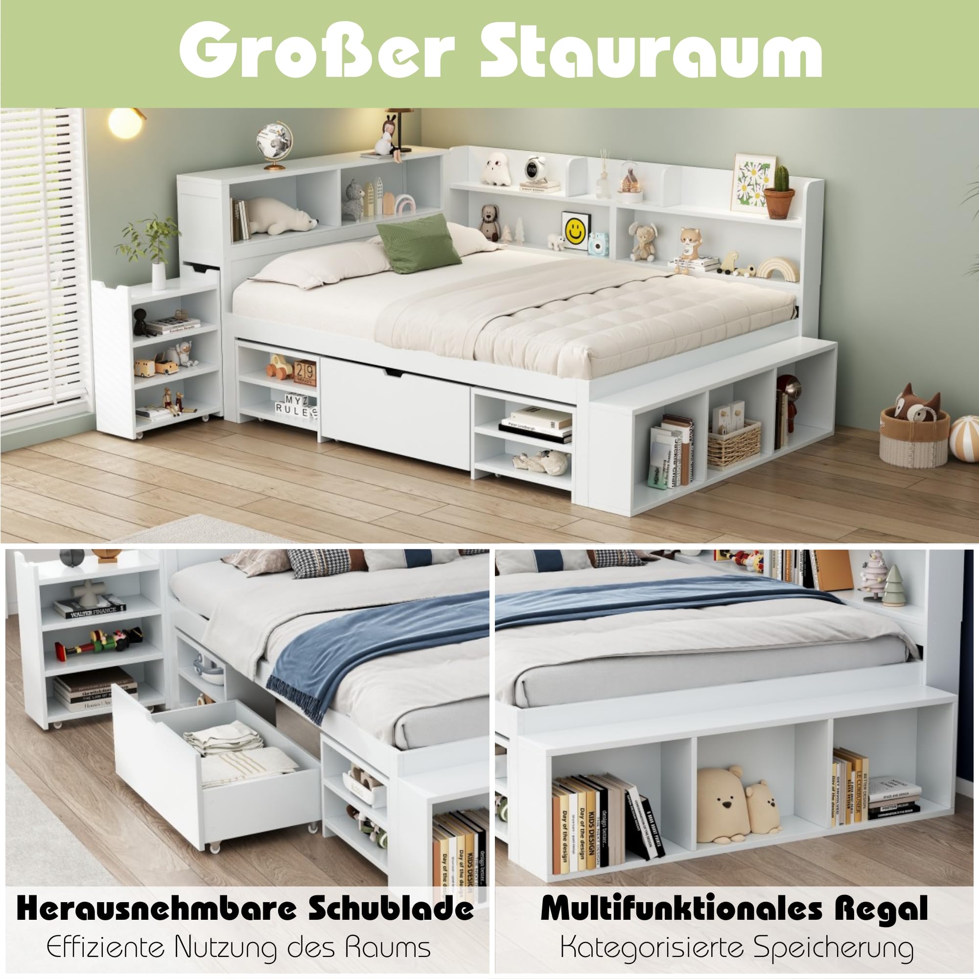Lit Enfant 140x200 cm avec Rangement, Cadre de Lit Enfant Multifonctionnel avec Tiroirs, Bibliothèque Intégrée et Casier de Rangement, Structure en Métal avec Sommier à Lattes, Blanc