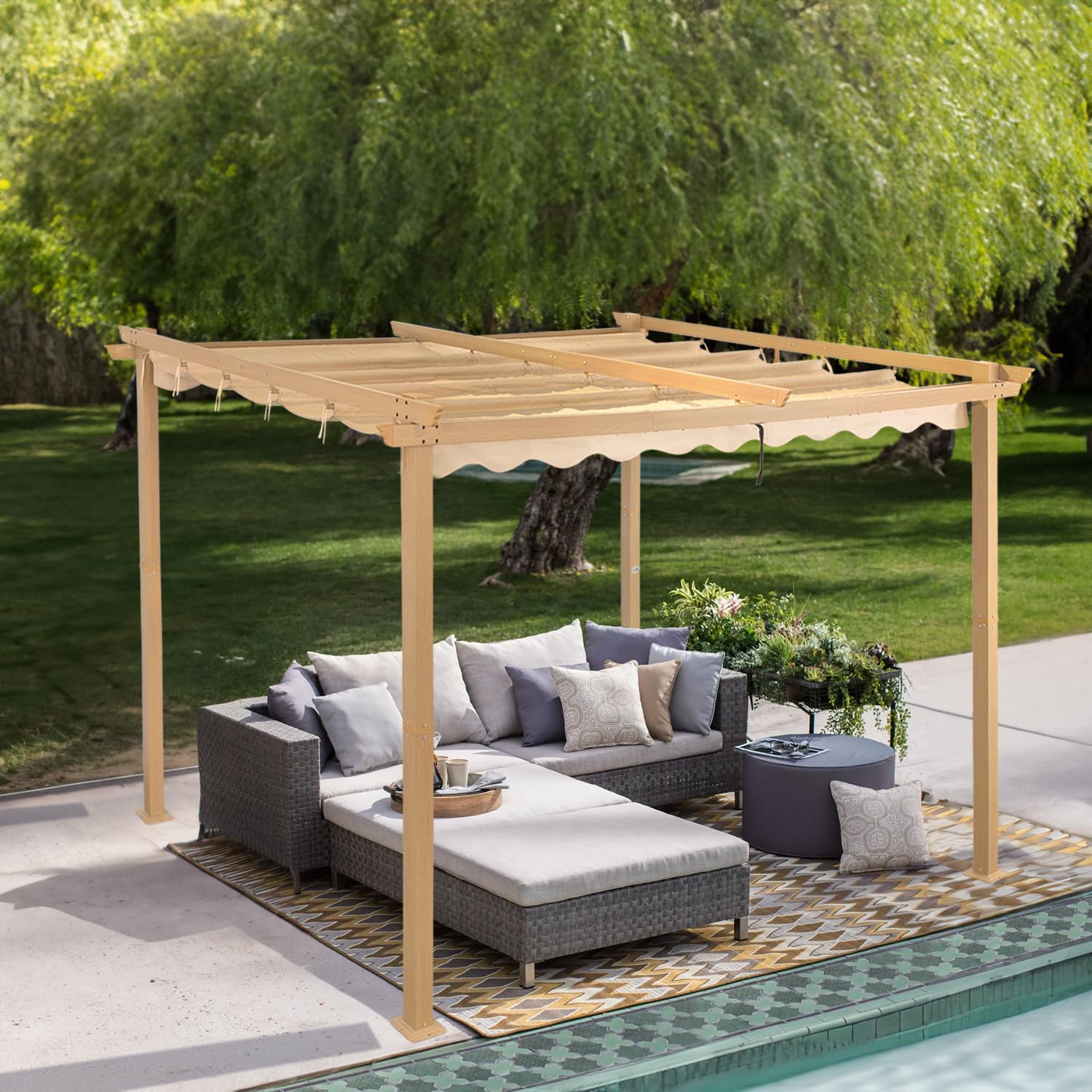 Angel Living 3 x 3 m Pergola en Aluminium, Coulissant rétractable, Tissu en Polyester de Haute densité, Hydrofuge et résistant aux Rayons UV, abri de Jardin pour Jardin, terrasse Beige