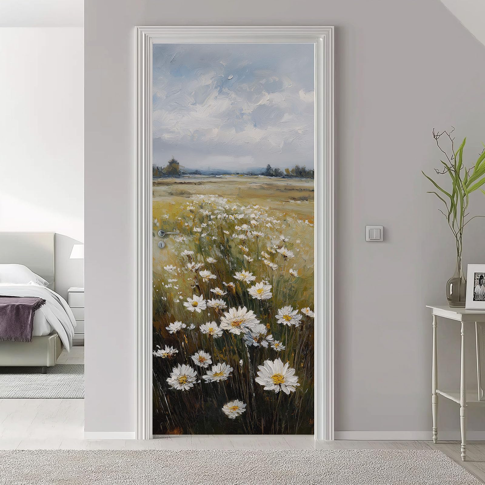Malarstwo olejne styl naklejka na drzwi 95 x 215 cm, vintage pole kwiatowe, krajobraz PCW, samoprzylepny, plakat na drzwi, fototapeta, brązowo-zielona, wodoszczelna, winylowa, zdejmowana naklejka na