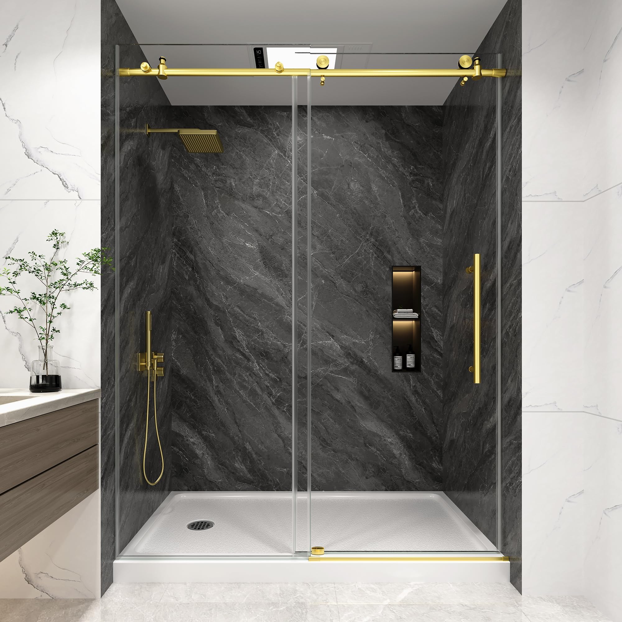 KPUY Frameless Shower Door, 49-54" W x 76" H Sliding Glass Shower Door, 1/4" (6mm) Thick Tempered Clear Glass with Explosion-Proof Film Nano Coating, Stainless Steel Hardware, Brushed Gold