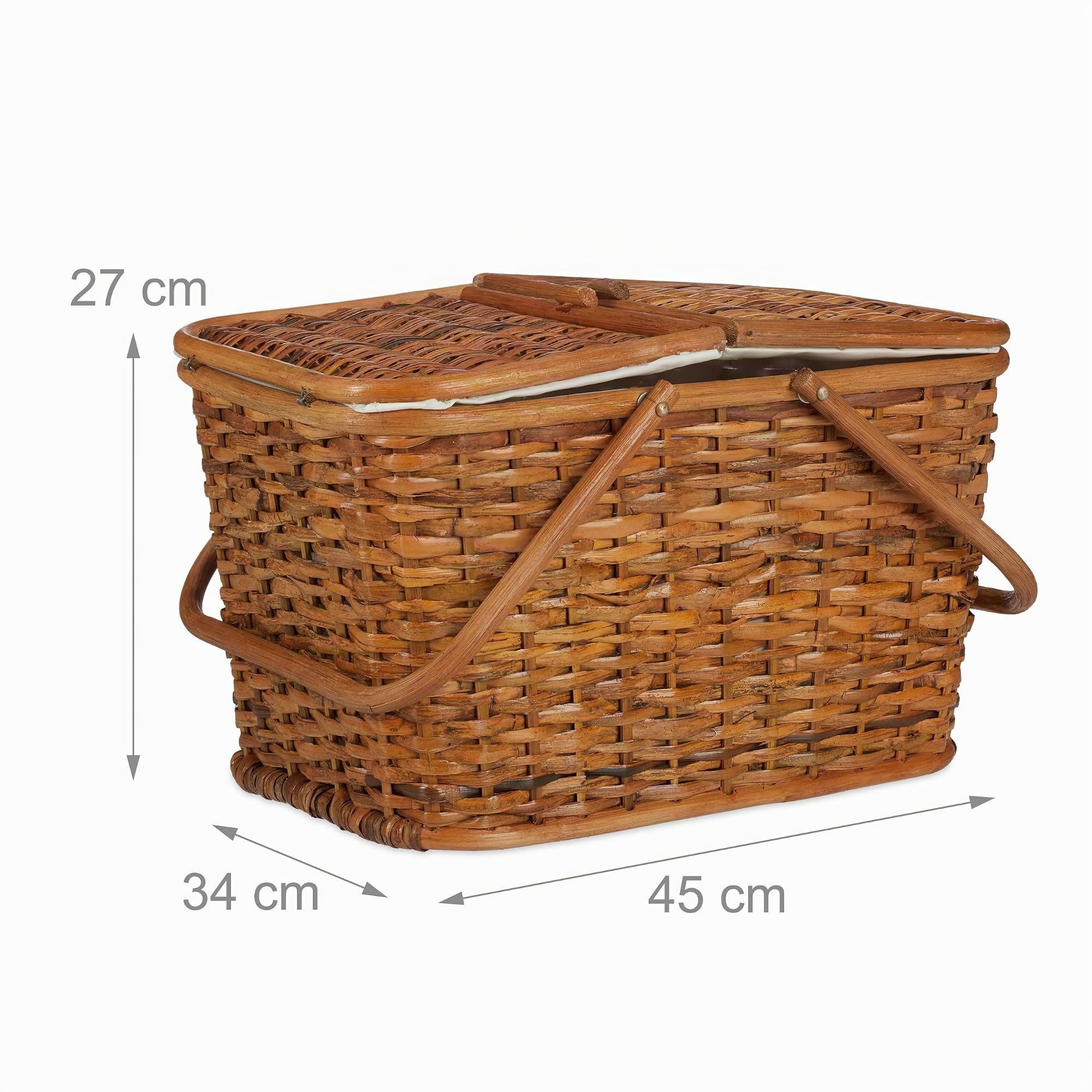 Relaxdays Cestino da Picnic con Coperchio, Intrecciato, Fodera in Tessuto, Manici, Cesto per Spesa, Fatto A Mano, Rattan, Miele