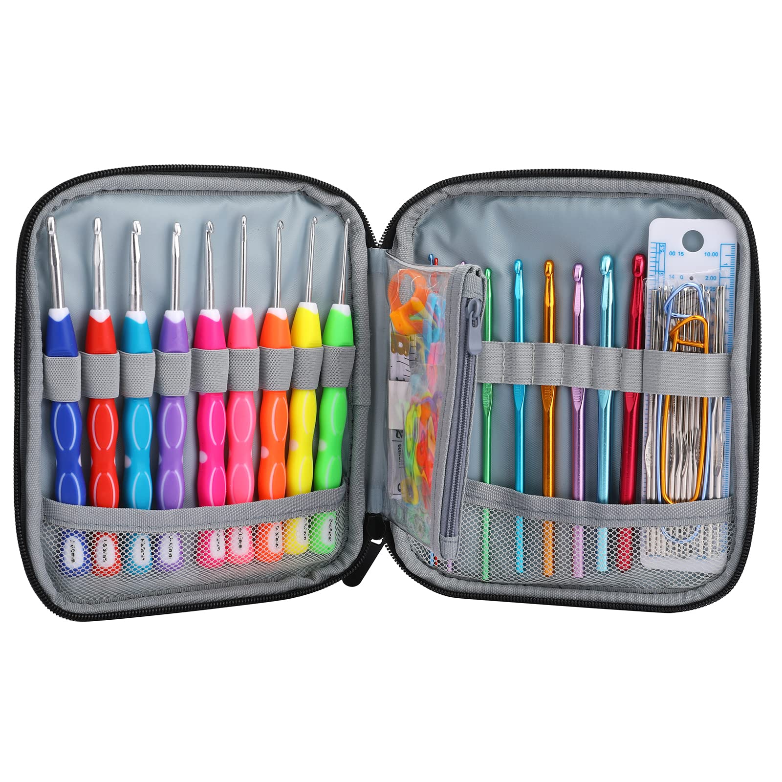 LOOEN Juego de agujas de ganchillo de aluminio de colores con estuche de almacenamiento, mango de goma, agarre cómodo, kit de manualidades para manualidades, 64 piezas