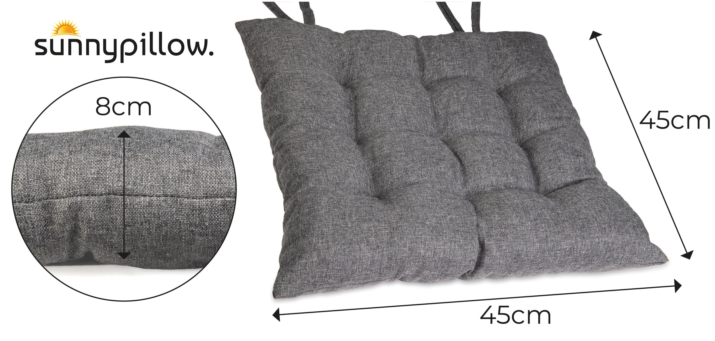 sunnypillow Lot de 4 Coussins de Chaise avec Rubans | 45x45 cm épaisseur : 8 cm - Confortables | Galette de Chaise Maison et Jardin, extérieur/intérieur Coussin décoratif | Gris