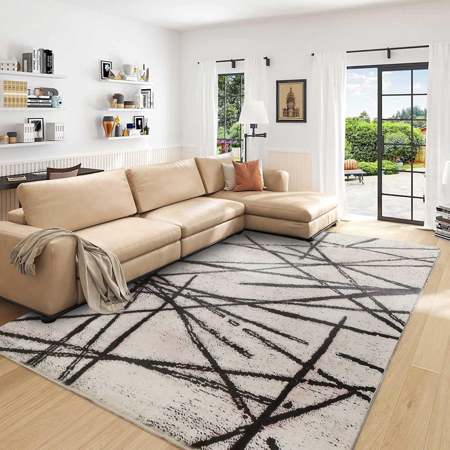 Area Rugs Soft Modern Rug Carpet Geometric Stripe Rug Non Slip Cashmere Rug for Bedroom Living Room Floor Mat (Beige, 200 x 300 cm)