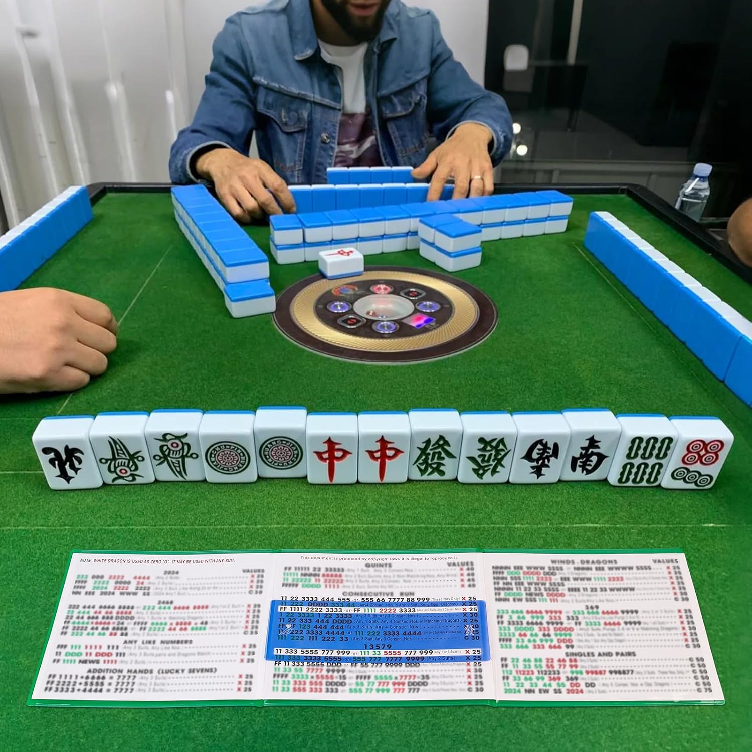 Mahjong Card Sleeve Positioning Set (Includes 4Pcs Mahjong Card Sleeve and 4Pcs Line Finder),Use together to Protect Your Mah jong Cards and Quickly Identify Winning Combinations During Gameplay,Blue