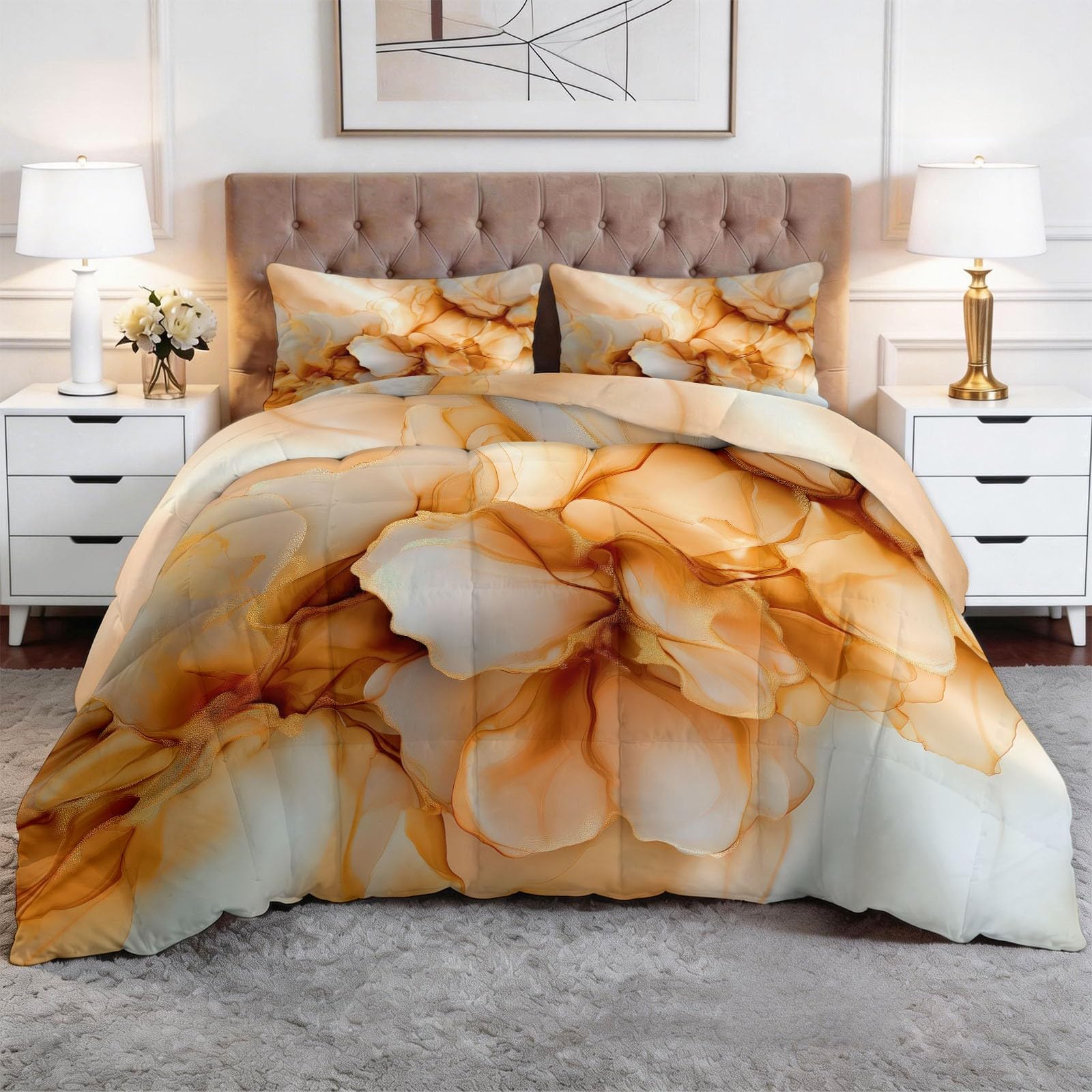 Trapunta Matrimoniale o Singola Stampa 3D 260x240 cm Marmo consistenza Trapunta Set 3 Pezzi con 2 Federe, Piumone Letto 4 Stagioni Trapuntino Traspirante Morbida