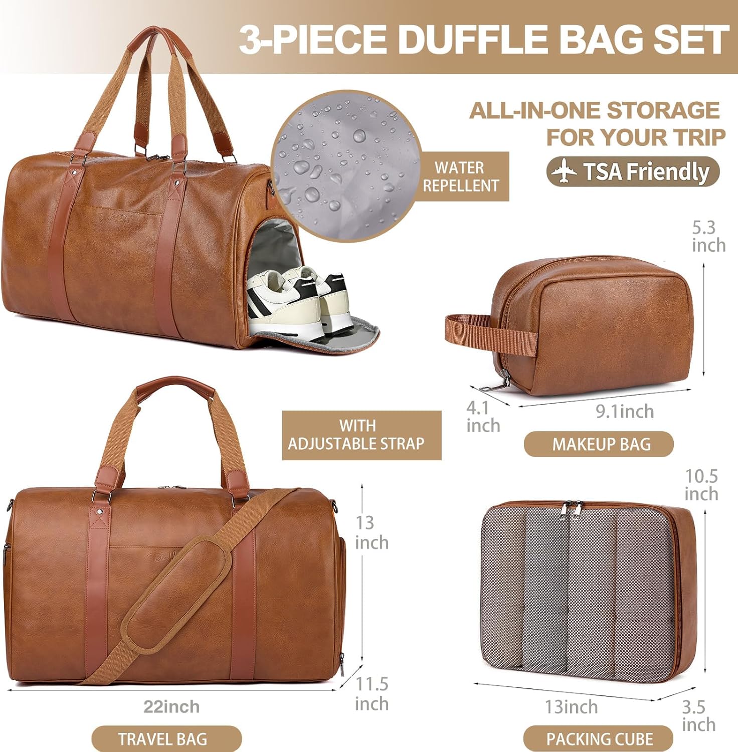 3-in-1 Leather Duffle Bag for Travel with Toiletry Bag and Shoe Compartment, Weekender Overnight Gym Bag for Men Women, Carry On Bag Fits 21 Inch Laptop - Image 6