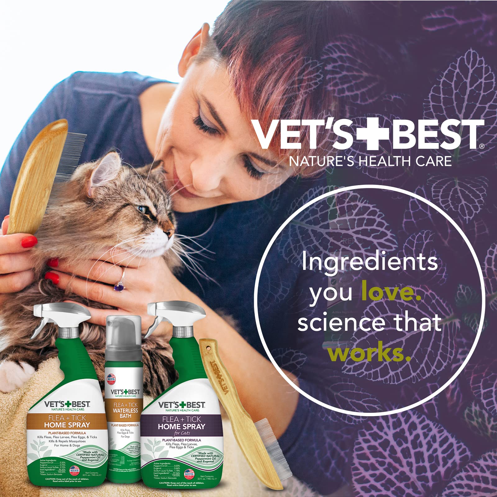 Vet's Best Peigne anti-puces | Bambou véritable avec poignée ergonomique | pour chiens et chats, marron