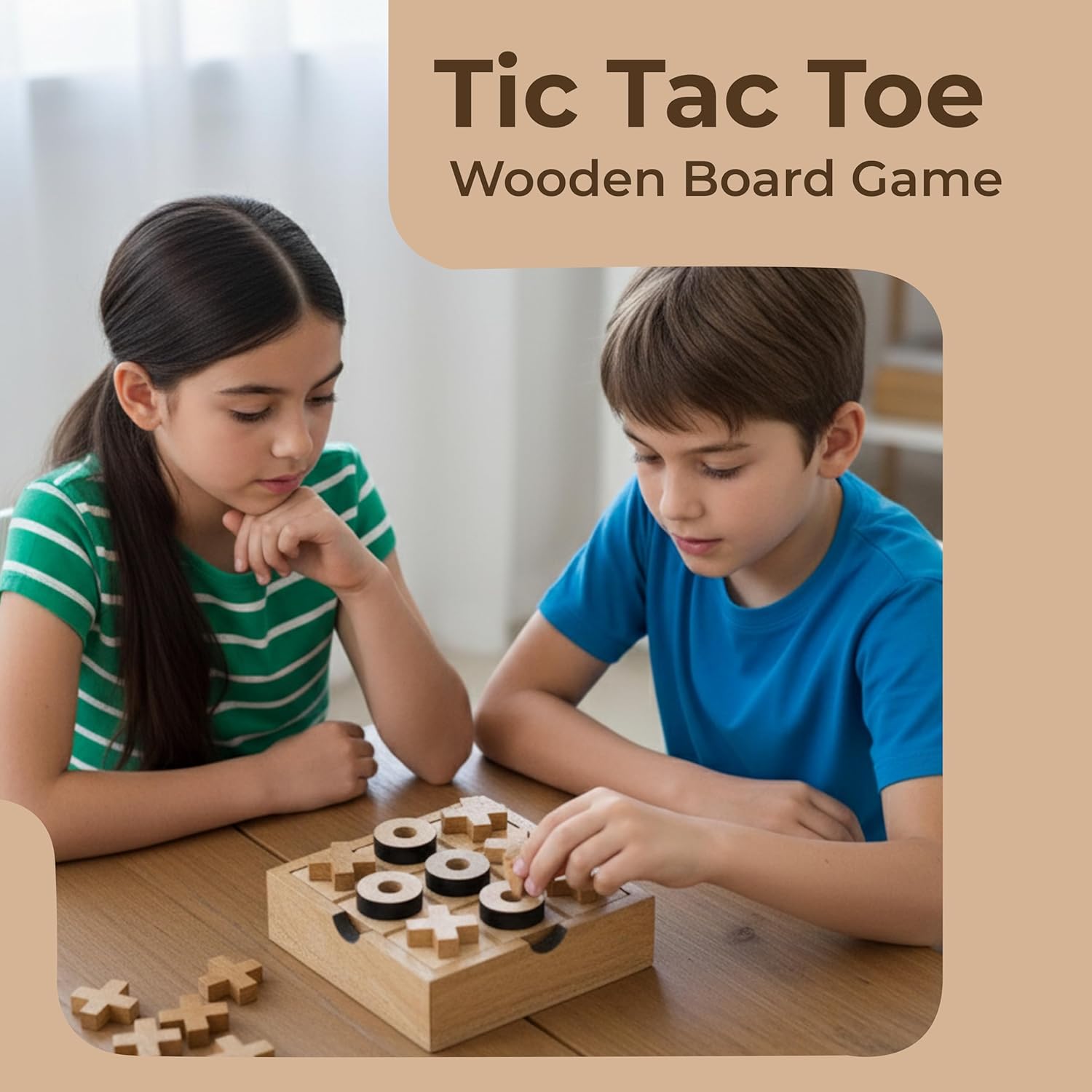 Ajuny Wooden Tic Tac Toe Game for Kids & Adults Travel XOXO Board Game Set for Coffee Table Decor Living Room Famil Farmhouse Desk Gift- 5.5 Inch
