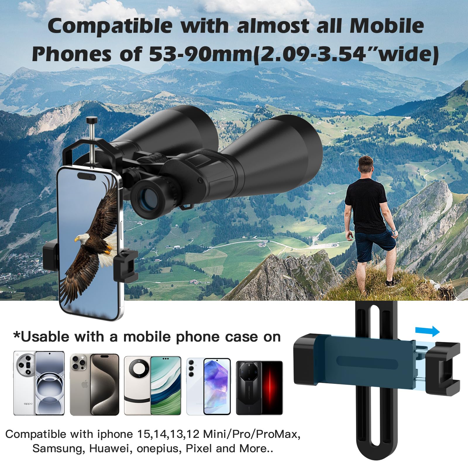 Adaptador Metálico para Telescopio y Teléfono - Soporte Universal (Ancho 5,3-9 cm) para Telescopios, Binoculares, Microscopios y Visores (Diámetro Ocular 2,4-5,2 cm)