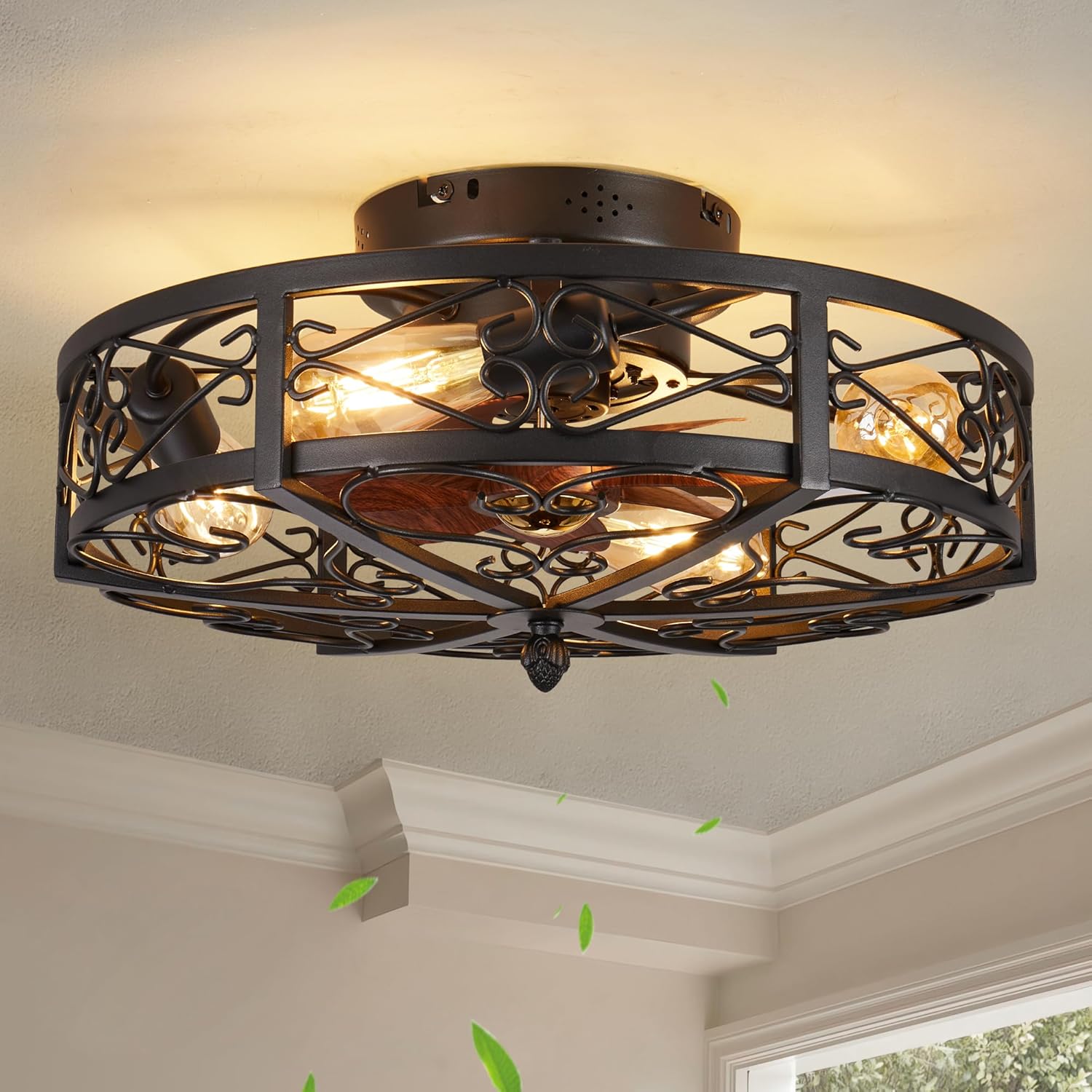 Rustic Black Caged Flush Mount Ceiling Fans with Lights and Remote Vintage Low Profile Bladeless Ceiling Fan, Reversible Motor, E26 Bulbs, 6 Speeds,for Farmhouse, Living Room, and Bedroom Black (with bulbs)