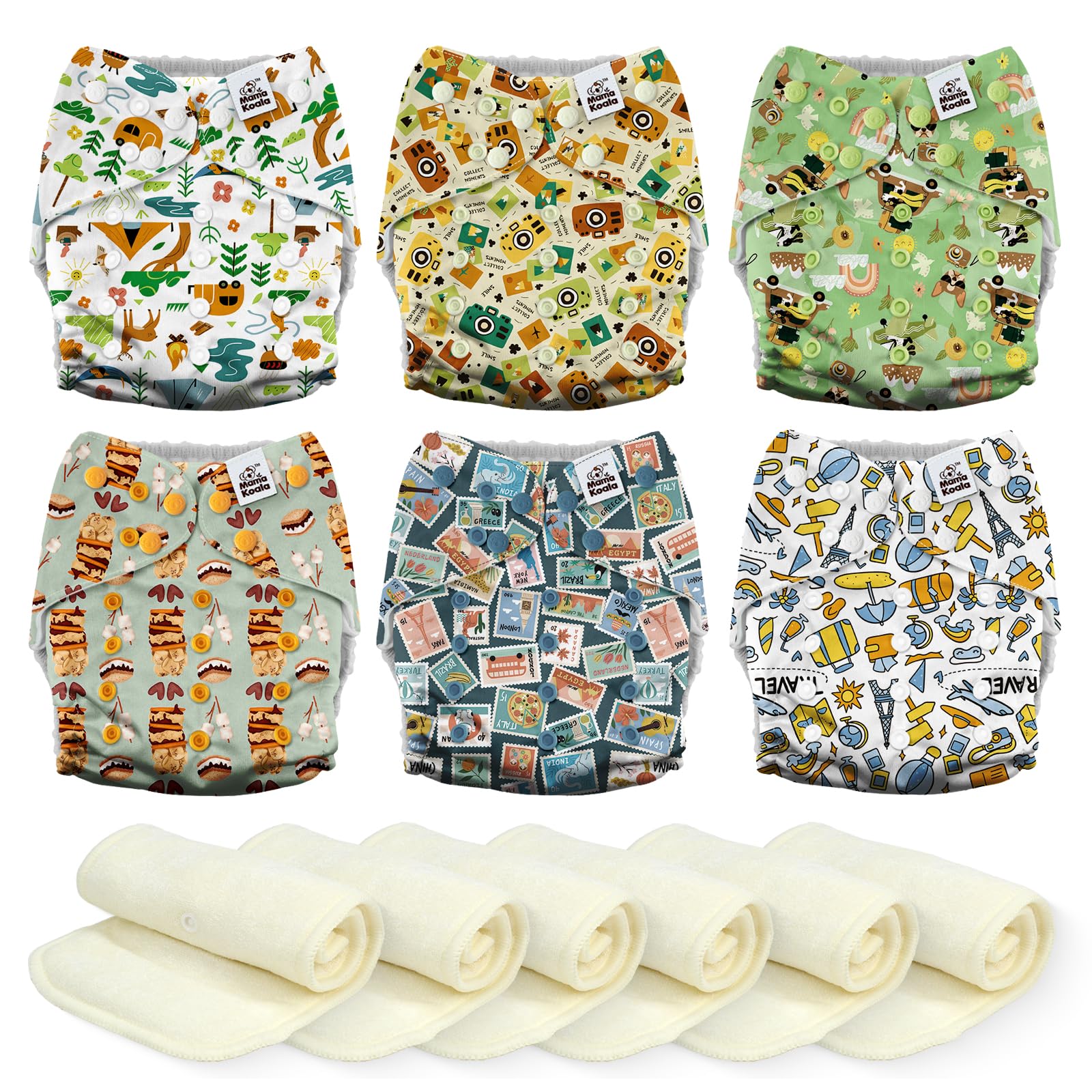 Mama Koala 6 Pack Reusable Cloth Diapers 3.0 for Babies Girls Newborn, One-Size Adjustable Baby Diaper, Durable Stitching, Back Opening for Inserts, Breathable Awj Lining, Leak Prevention-Camper