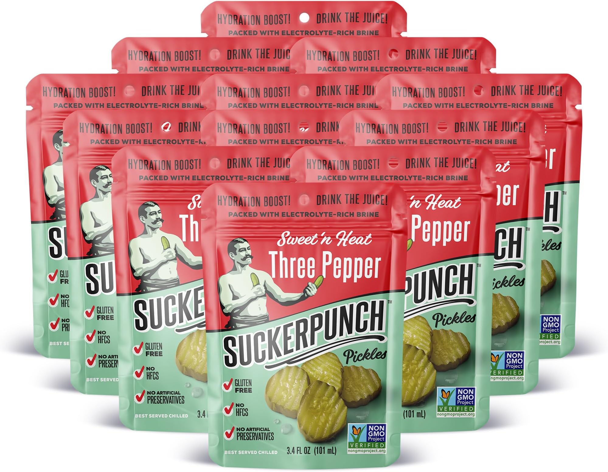 Pickles in a Pouch, Gluten Free, Kosher, Sugar Free, Low Calorie, Keto, Vegan, Non-GMO, Ready to Eat, On-the-Go, 3.4 Oz Single Serve Pouches (Three Pepper)